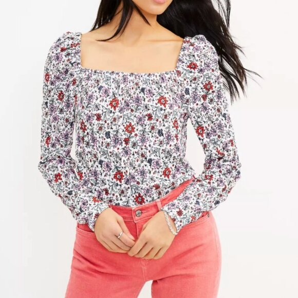 LOFT Tops - NWT LOFT Womens' Floral & Ladybug Print Bloom Smocked Square Neck Top Sz L